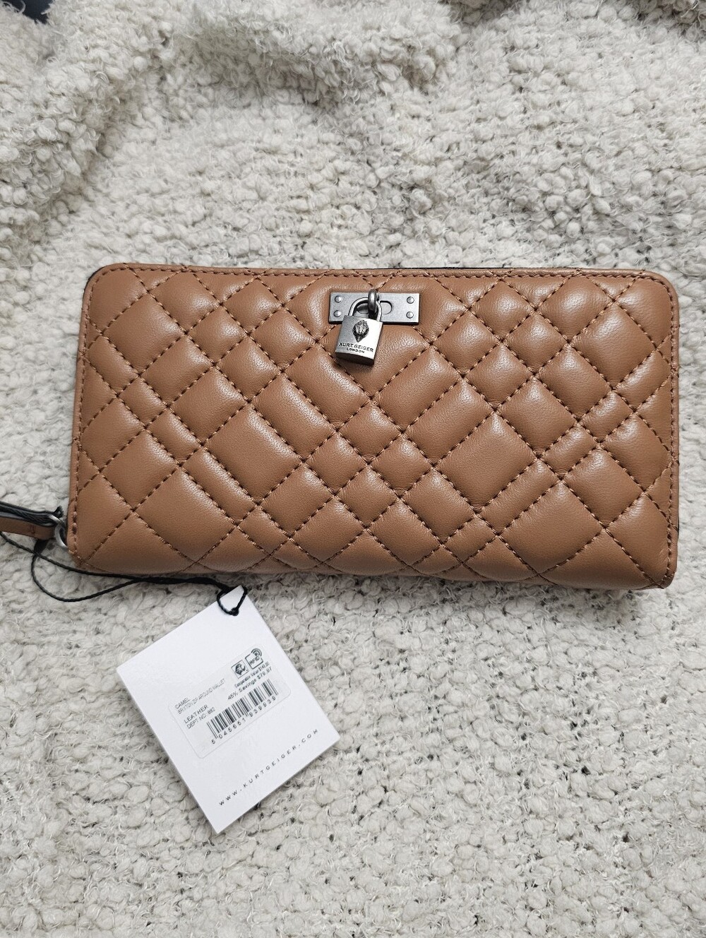 Kurt Geiger Quilted Tan Leather Zip-Around Wallet with Lock Accent